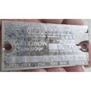 1963 Mercury Monterey 4 Dr Vehicle VIN Data Plate Ford Mercury Classic Car Part